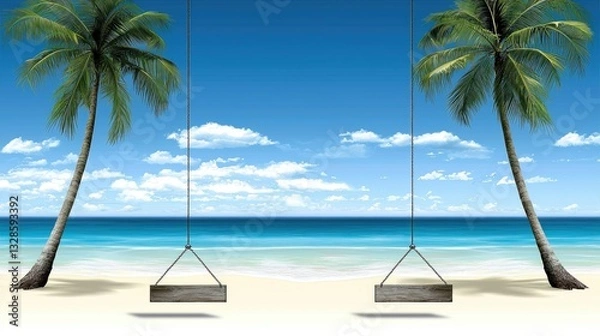 Obraz Tranquil Tropical Beach Scene with Swinging Seats Beneath Palm Trees Under Clear Blue Sky
