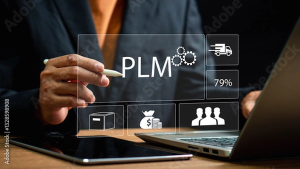 Fototapeta PLM Program lifecycle management application development technology concept. Hand interaction with virtual PLM interface.