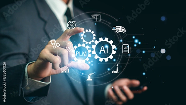 Fototapeta PLM Program lifecycle management application development technology concept. Hand interaction with virtual PLM interface.