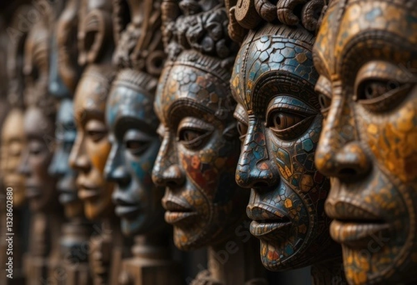 Fototapeta Rows of Intricate African Statues Displaying Rich Cultural Heritage Art