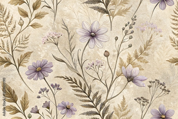 Fototapeta Rustic Botanical Vintage Background with Aged Paper Texture and Delicate Wildflowers