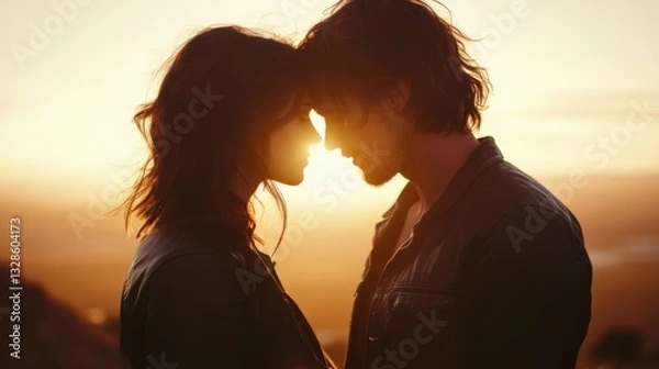Fototapeta A realistic, emotional image showing a couple standing on a hill during the golden hour. The couple looks deeply into each other's eyes, with soft sunlight creating a warm glow around them.