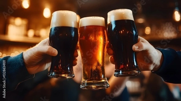 Fototapeta Friends clinking pints of beer at a dimly lit pub, wooden bar backdrop