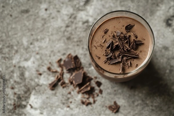 Obraz A rich chocolate smoothie topped with chocolate shavings on a rustic surface.