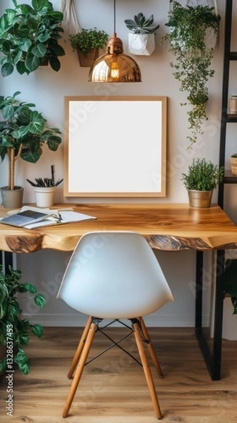 Fototapeta A minimalist home office features a live edge wooden desk, white chair, blank frame, and abundant indoor plants against a white wall. Natural light illuminates the space.