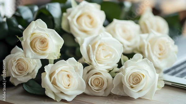 Fototapeta In home office with white roses on top of with desk with laptop showing seo search engine data on screen