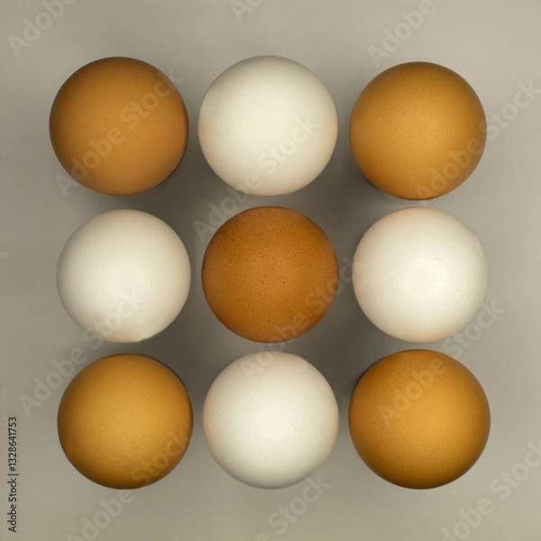 Fototapeta A set of nine chicken eggs stacked in a square (brown and white). Brown ones in the shape of the letter "X".