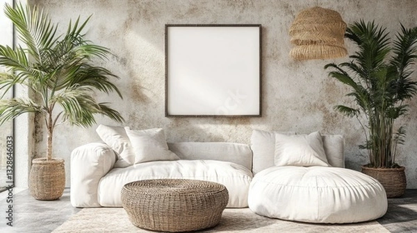 Fototapeta Modern living room interior with beige couch, round pouf, woven coffee table, potted plants, and a blank square frame on a textured wall. Natural light illuminates the scene.