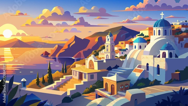 Obraz Beautiful panorama view of Santorini island in Greece at sunrise with dramatic sky.