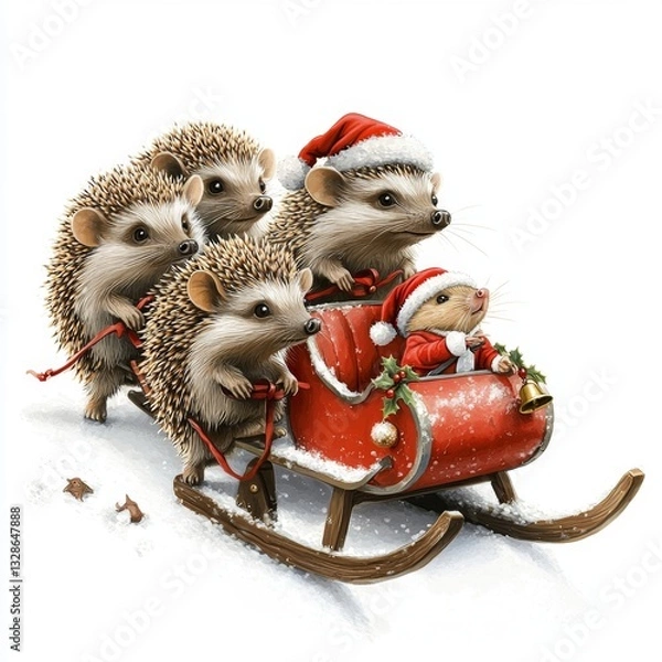 Obraz Adorable Hedgehogs in Santa Hats Pull a Sleigh Filled with a Cute Mouse in Christmas Celebration Scene