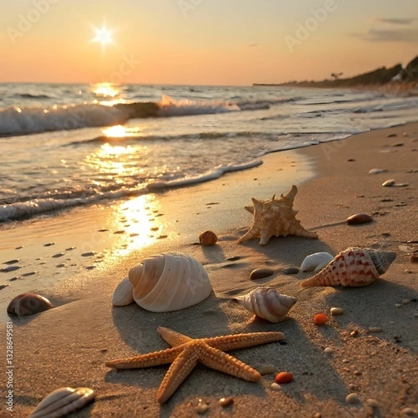 Fototapeta "Serene Beach at Sunset with Shells and Starfish"