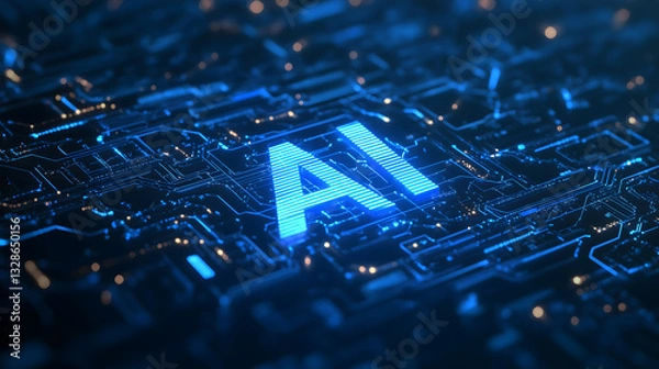 Fototapeta Use the word AI, make a background, high tech, quantum flow, rhombic rays, neural source, left view, blue tint