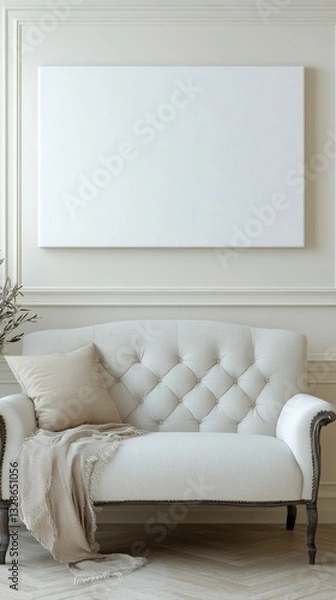 Fototapeta Off white textured artwork hangs above a light beige tufted settee with a neutral throw. Soft lighting creates a calm atmosphere.