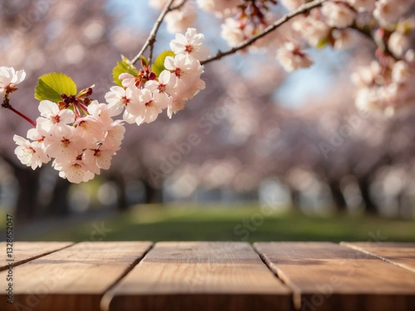 Fototapeta spring cherry blossom in spring, empty wooden table set against a blurred background. perfect for displaying products