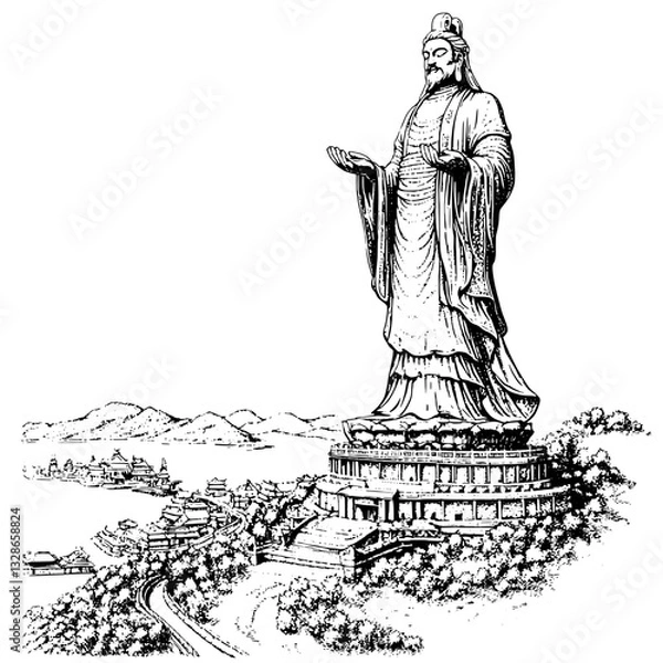 Fototapeta Majestic statue of a serene figure surrounded by mountains and landscape in an intricate engraving style