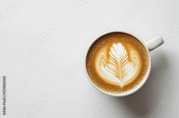 Obraz Top View of a Cup of Coffee with Intricate Latte Art on a White Background Portraying Elegance and Refinement