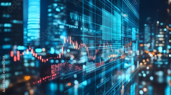 Fototapeta Multi exposure of virtual abstract financial graph interface on blurry contemporary office building background, financial and trading concept