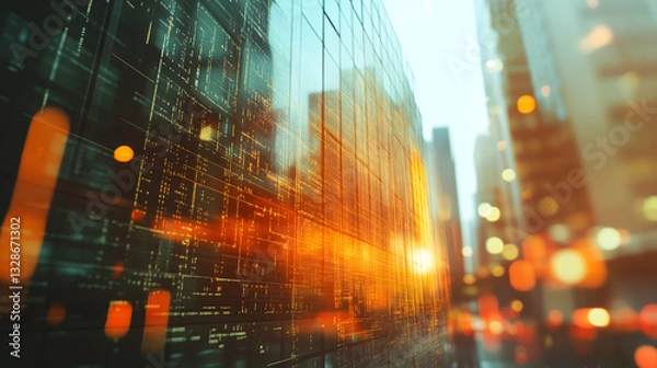 Fototapeta Multi exposure of virtual abstract financial graph interface on blurry contemporary office building background, financial and trading concept