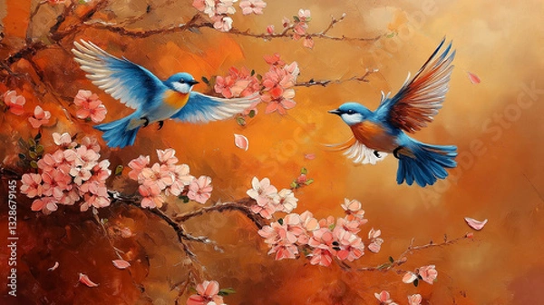 Fototapeta two birds flying in a blossoms flowers illustrator backgroung 