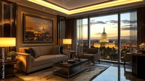 Obraz Elegant living room with capitol view washington d.C. Interior design cityscape sunset luxury