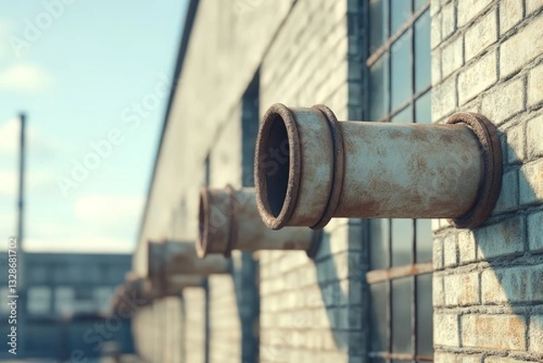 Fototapeta Rusty industrial pipes protruding from a weathered brick wall in an urban landscape
