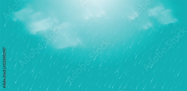 Fototapeta Rain drops on blue background, Monsoon sale composition with realistic design. sky blue vector background.
