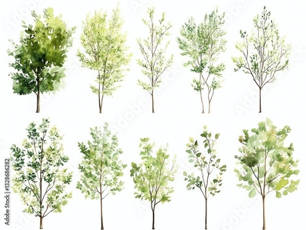 Obraz Set of watercolor green tree isolated on white background for landscape and architecture drawing, elements for environment and garden, botanical for section in spring