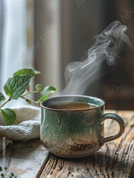 Fototapeta Steaming herbal tea in rustic ceramic mug on wooden surface, soft light