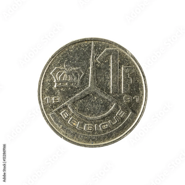 Fototapeta one belgian franc coin (1991) isolated on white background