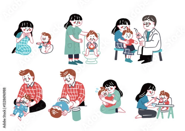 Obraz 子育てを頑張る若い夫婦のイラストセット