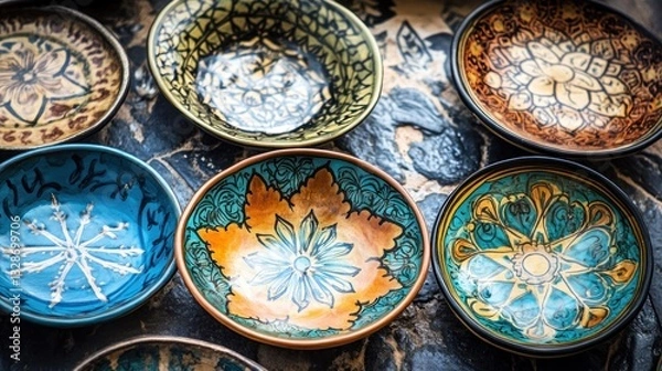 Obraz Hand painted colorful ceramic bowls, displaying intricate designs.
