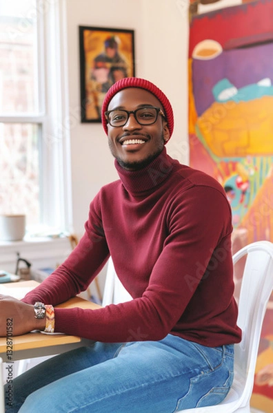 Obraz Stylish Black Man in His Late 30s Working on Laptop – Modern Office Setup with Fashionable Casual Attire, Red Beanie, Maroon Turtleneck, and Contemporary Living Room Background