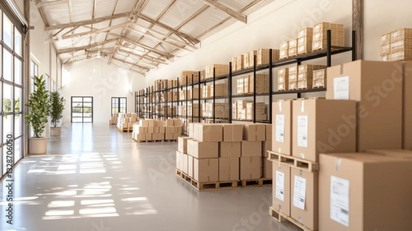 Obraz Organized warehouse interior with shelves and packed boxes, highlighting efficient space utilization and logistics.