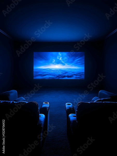 Fototapeta Dark home theater room with two reclining chairs and a large screen displaying a serene landscape
