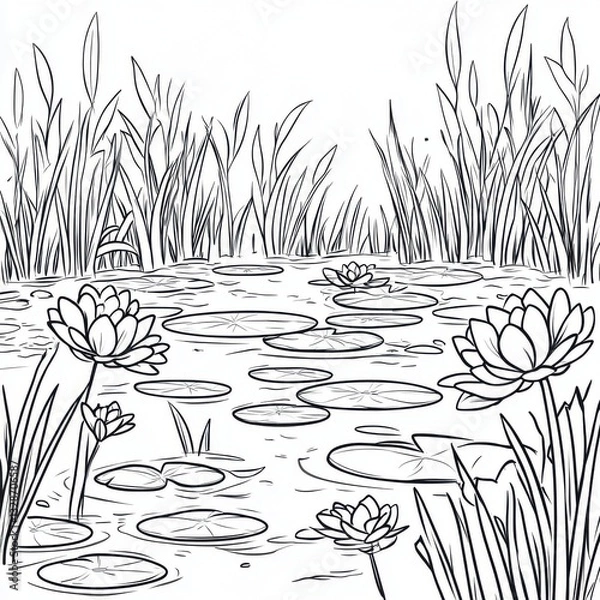 Fototapeta Simple cartoon wetland scene nature coloring page tranquil environment children’s art playful viewpoint
