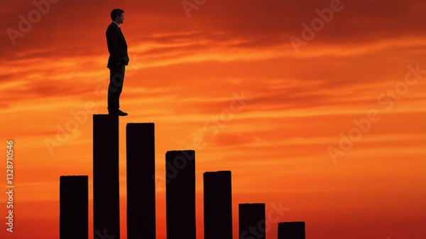 Fototapeta Businessman Standing on Top of a Bar Graph at Sunset, Achieving Success and Growth