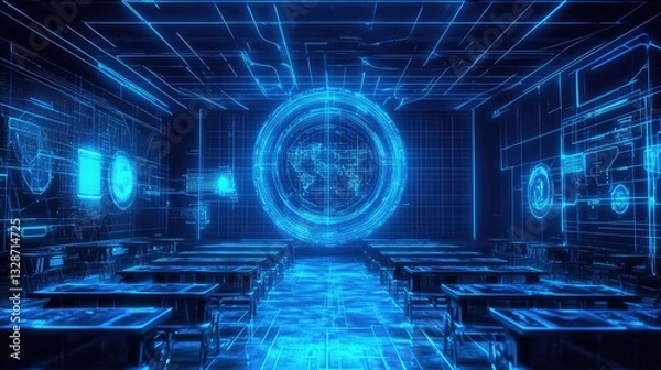 Fototapeta A blueprint of a modern digital classroom setup with interactive screens. No people.