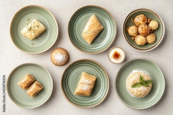 Fototapeta Delightful Assortment of Mediterranean Pastries Displayed on Elegant Plates in a Cozy Setting