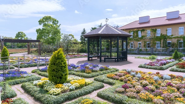 Obraz 日本：花菜ガーデン／カラフルな花壇とガゼボがある風景／神奈川県平塚市・4月