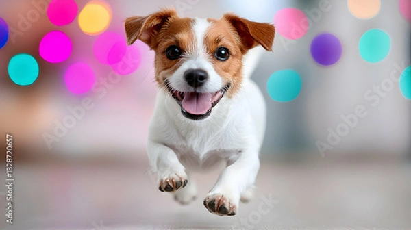 Fototapeta Happy Jack Russell Terrier Puppy Running Towards Camera With Colorful Bokeh Background