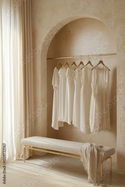 Fototapeta An elegant display of white dresses hangs gracefully, showcasing a chic and soft fashion aesthetic in a warm setting.
