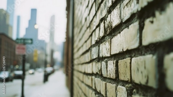 Fototapeta A close up image of a brick wall and cityscape background