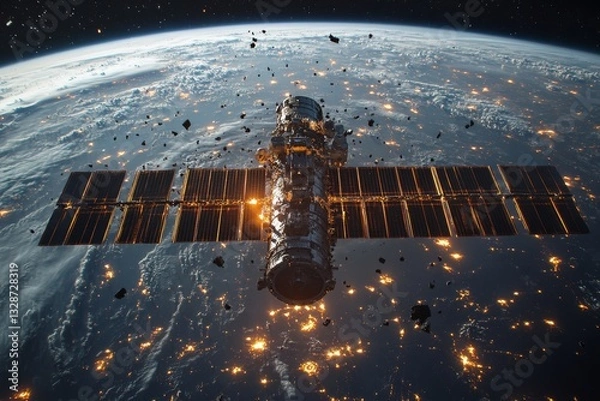 Fototapeta Satellite Amidst Space Debris Orbiting Earth: A Stark Reminder of Pollution's Reach Beyond Our Atmosphere, Highlighting Orbital Congestion and the Risk to Space Exploration.
