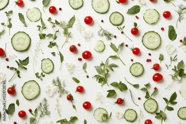 Fototapeta Striking Arrangement of Sliced Vegetables and Herbs on a White Background Showcasing Freshness and Vibrant Colors