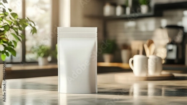 Fototapeta Morning Brew: A clean, minimalist shot featuring a blank coffee bag set amidst a sunlit kitchen, perfect for showcasing product packaging and design.