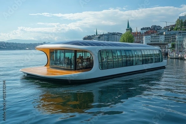 Fototapeta Solar-Powered Boat on Calm Water with Cityscape Background, showcasing sustainable design and eco-friendly travel against a backdrop of urban architecture and blue sky.