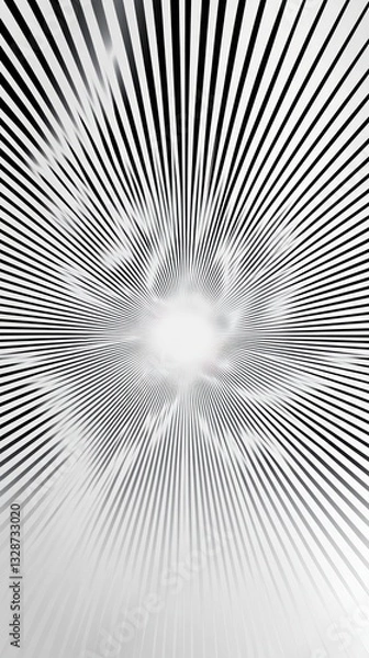 Fototapeta Abstract grayscale image featuring radiating lines converging towards a bright central point, creating a dynamic, energetic visual effect.