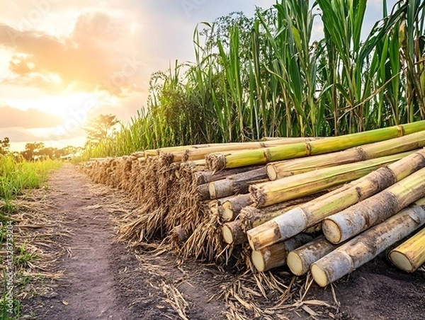 Fototapeta Freshly harvested sugarcane in a rustic farm setting