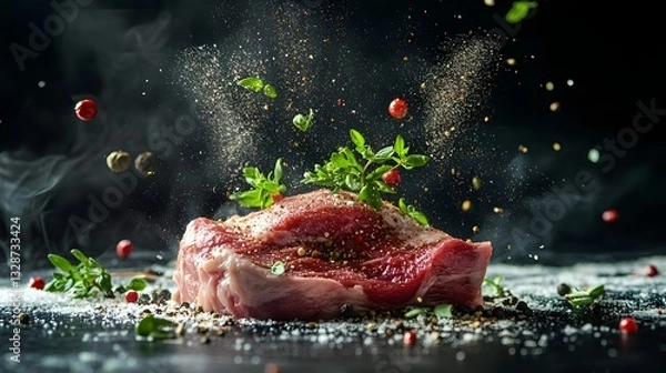Fototapeta abstract shot of raw meat with floating spices and herbs.