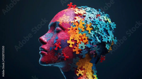 Fototapeta Abstract Human Head with Colorful Puzzle Pieces Representing Mental Complexity. A digital conceptual art of a human head made of vibrant puzzle pieces, symbolizing psychology, cognition, and mental